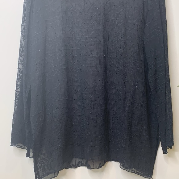 Chico’s | Black Silk Beaded Sheer Bell Sleeve Textured Embroidered Tunic Top 2 M - Picture 9 of 17